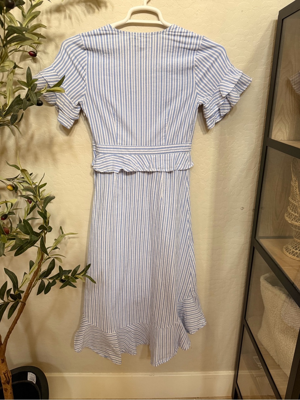 MELLODAY Light Blue and White Striped High-Low Midi Dress - Picture 2 of 7